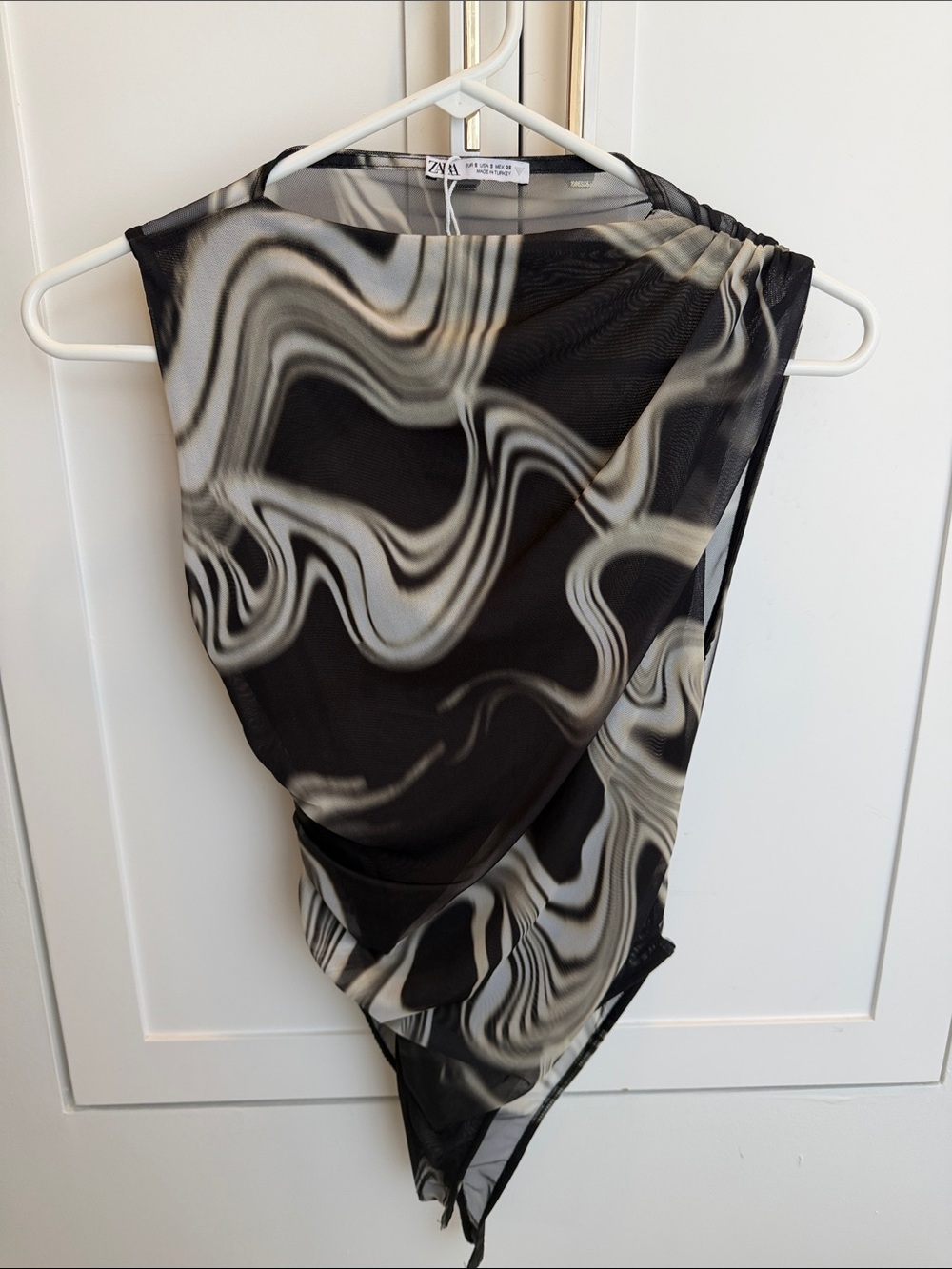 Zara Black, White & Cream Marble-Print Mesh Bodysuit